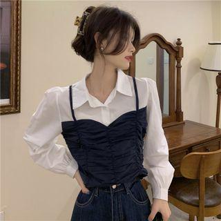 Mock Two-piece Long-sleeve Ruched Collared Top Black & White - One Size