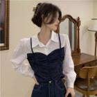 Mock Two-piece Long-sleeve Ruched Collared Top Black & White - One Size