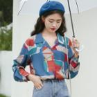 Printed Long-sleeve V-neck Blouse As Shown In Figure - One Size