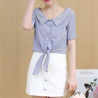 Set: Striped Short Sleeve Shirt + A-line Skirt