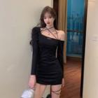 One-shoulder Plain Lace-up Dress Black - One Size