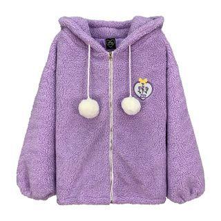 Floral Embroidered Hooded Zip Fleece Jacket Floral Embroidery - Purple - One Size