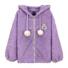 Floral Embroidered Hooded Zip Fleece Jacket Floral Embroidery - Purple - One Size