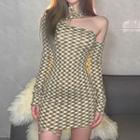 Long-sleeve Off-shoulder Check Mini Bodycon Dress