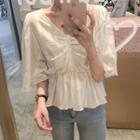 V-neck Slim-fit Bell-sleeve Peplum Blouse White - One Size