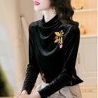 Long-sleeve Floral Embroidery Mock-neck Top
