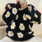 Flower Print Loose-fit Sweater Black - One Size