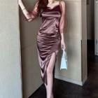 3/4-sleeve Mesh Panel Satin Midi Dress
