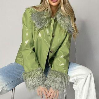 Fluffy Trim Faux Leather Button Jacket