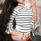 Halter Neck Striped 3/4-sleeve T-shirt