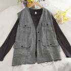 Set: Plain Long-sleeve T-shirt + Pocket Detail Vest Gray - One Size
