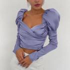 Puff-sleeve Square-neck Plain Ruched Cropped Top