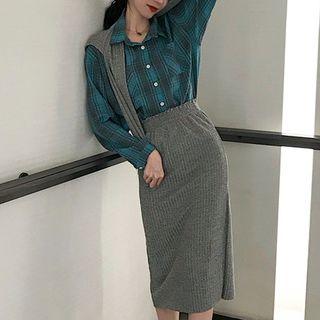 Set: Plaid Shirt + High Waist Knit Skirt As Shown In Figure - One Size
