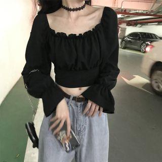 Square-neck Ruffle Long-sleeve Crop Top Black - One Size