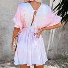 Puff-sleeve Tie Dye Mini A-line Dress