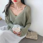 V-neck Boxy Sheer Rib-knit Top