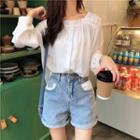 Frilled Square-neck Long-sleeve Blouse