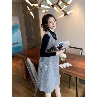 Set: Plain Long-sleeve Slim-fit Top + Sleeveless Dress
