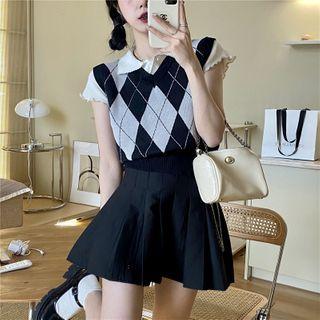 Short-sleeve Frill Trim Polo Top / Argyle Sweater Vest