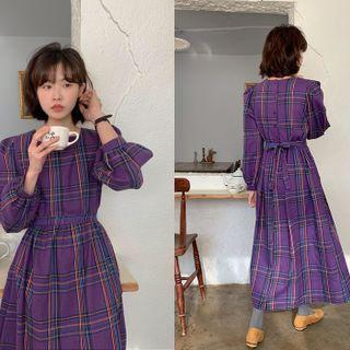 Long Tartan Plaid Dress With Sash