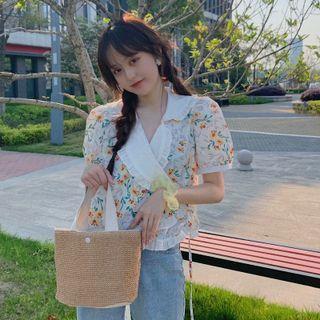 Puff-sleeve Collared Floral Drawstring Blouse White - One Size