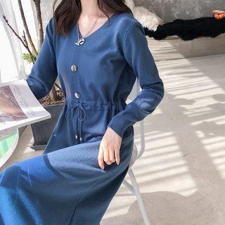 Ruffle Long-sleeve Knit Midi Dress