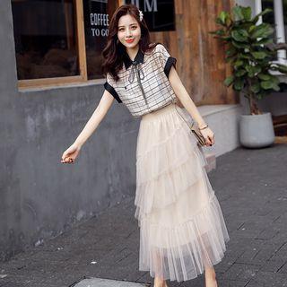 Set: Plaid Short-sleeve Top + Tiered Maxi Skirt