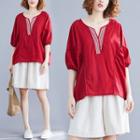 Striped Elbow-sleeve Blouse Red - One Size
