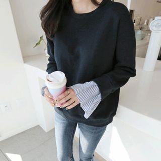 Stripe-cuff Brushed Fleece Lined Sweatshirt