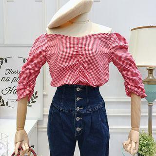 Boatneck Ruched Check Blouse
