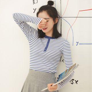 Long-sleeve Buttoned Striped Knit Top Blue - One Size