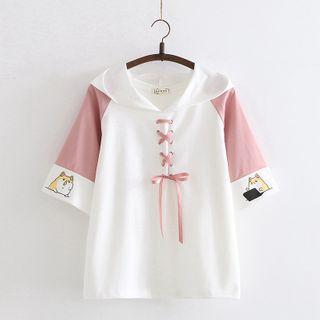 Dog Print Tie-front Short-sleeve Hooded T-shirt