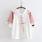 Dog Print Tie-front Short-sleeve Hooded T-shirt