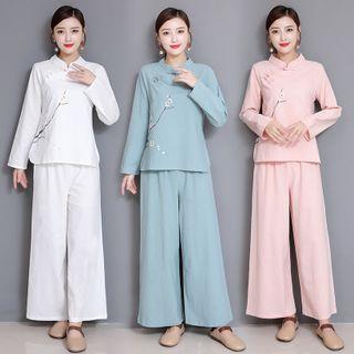 Set: Long-sleeve Floral Print Cheongsam Top + Wide Leg Pants