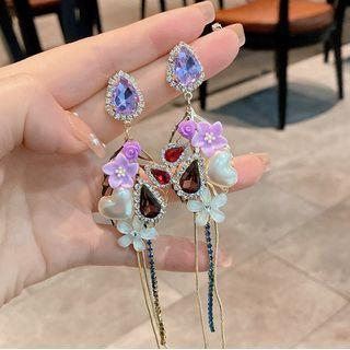 Rhinestone Floral Drop Earring 1 Pair - Light Purple & White - One Size