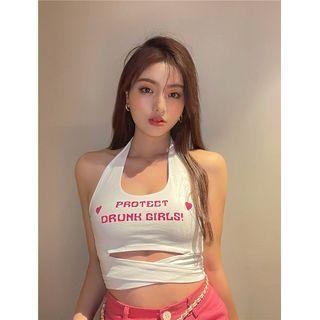 Halter-neck Lettering Cutout Crop Tank Top White - One Size