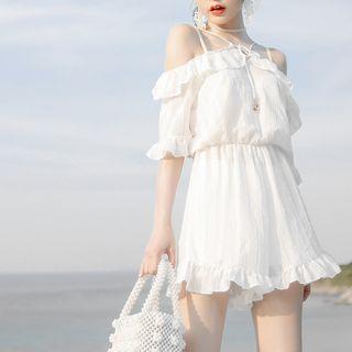 Set: Off-shoulder Ruffled Playsuit + Tankini