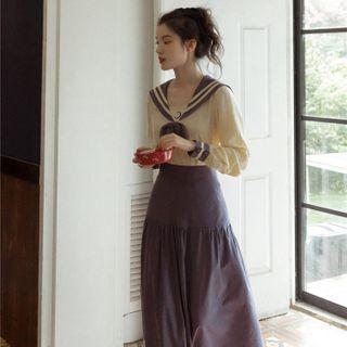 Set: Contrast Trim Blouse + Midi A-line Skirt