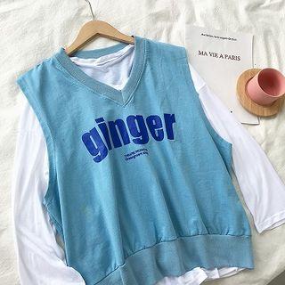 Lettering Printed V-neck Sleeveless Top