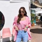 Set: Open-front Loose-fit Blazer + Camisole Top
