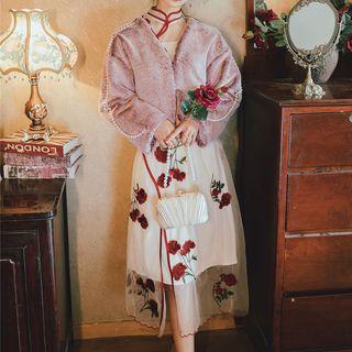 Faux Pearl Accent Furry Jacket