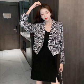 Set: Cropped Double Breasted Zebra Print Blazer + Spaghetti Strap A-line Mini Dress