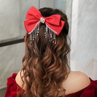 Rhinestone Fringed Bow Hair Clip Red & Silver - One Size