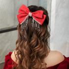 Rhinestone Fringed Bow Hair Clip Red & Silver - One Size
