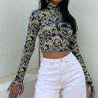 Long-sleeve Dragon Print Mock-neck Crop Top