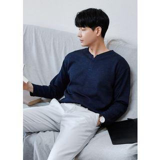 Slit-neckline Rib-knit Top
