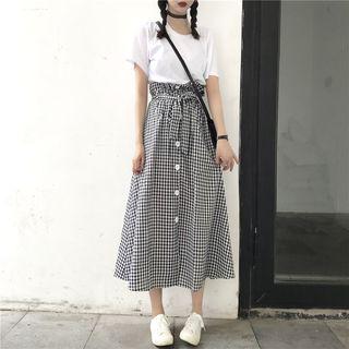 Set: Short-sleeve T-shirt + Plaid Buttoned A-line Midi Skirt