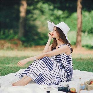 Sleeveless Ruffle-hem Long Stripe Dress