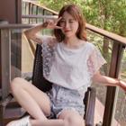 Lettering Lace Trim Cap-sleeve T-shirt / Faux Pearl Distressed Denim Shorts