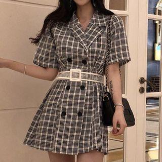 Short-sleeve Plaid Double Breasted Mini Coat Dress Plaid - Black & White - One Size